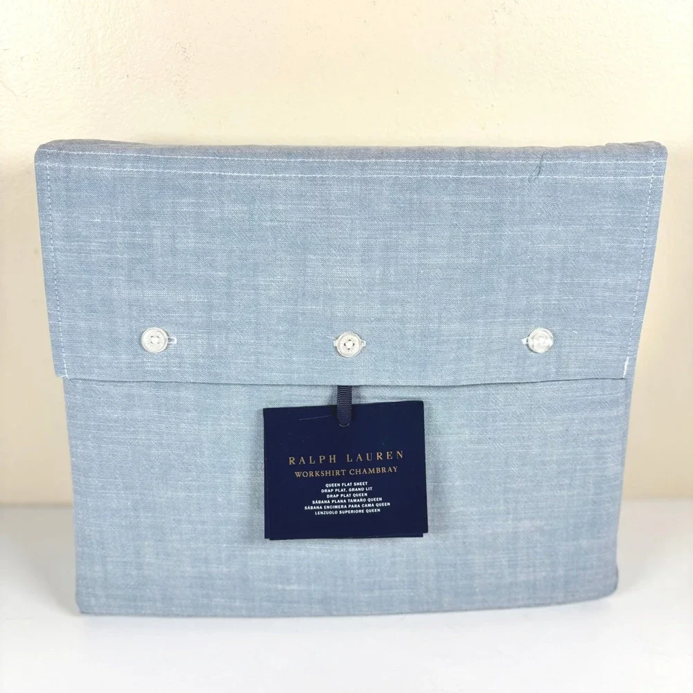 Ralph Lauren Workshirt Chambray Queen FlatSheet Blue 100%Cotton NEW $215 Online!